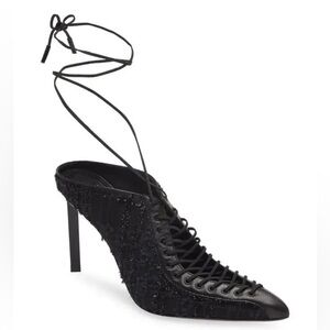 Givenchy Black Lace Lace-Up Mule Pumps Pointed Toe EU 37.5 Witchy Heels New
